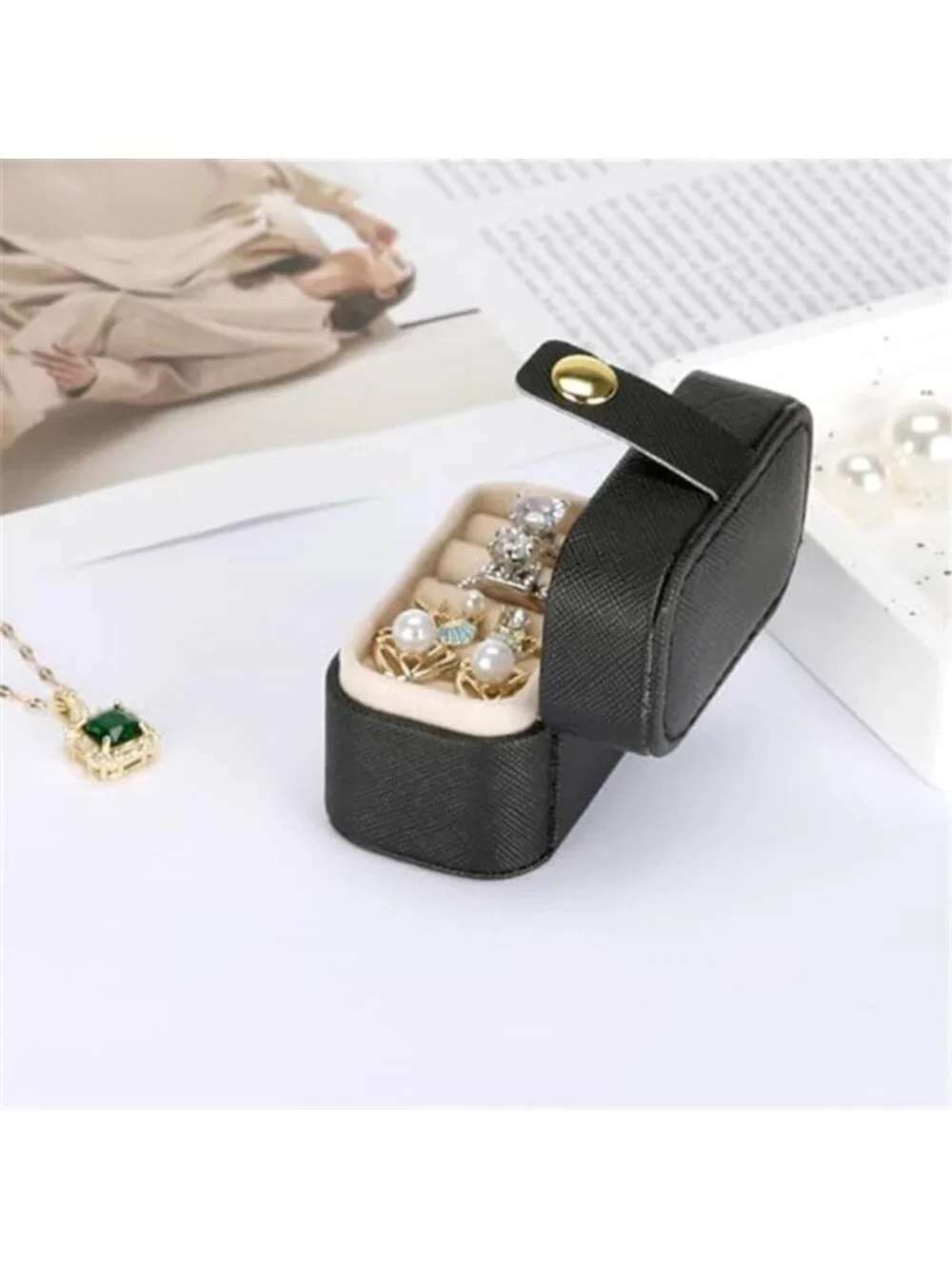 Mini Travel Jewelry Box Ring Earring Necklace Holder Portable Storage Case Black